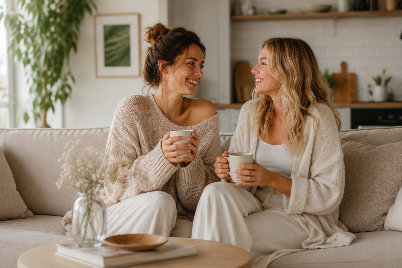 Two women sitting together at home with mugs of tea, talking and laughing
